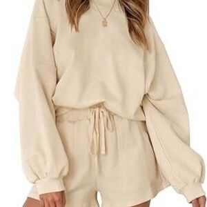 SYZRI Small Beige Women's 2 Piece Knit Outfit Puff Sleeve Crop Top Shorts